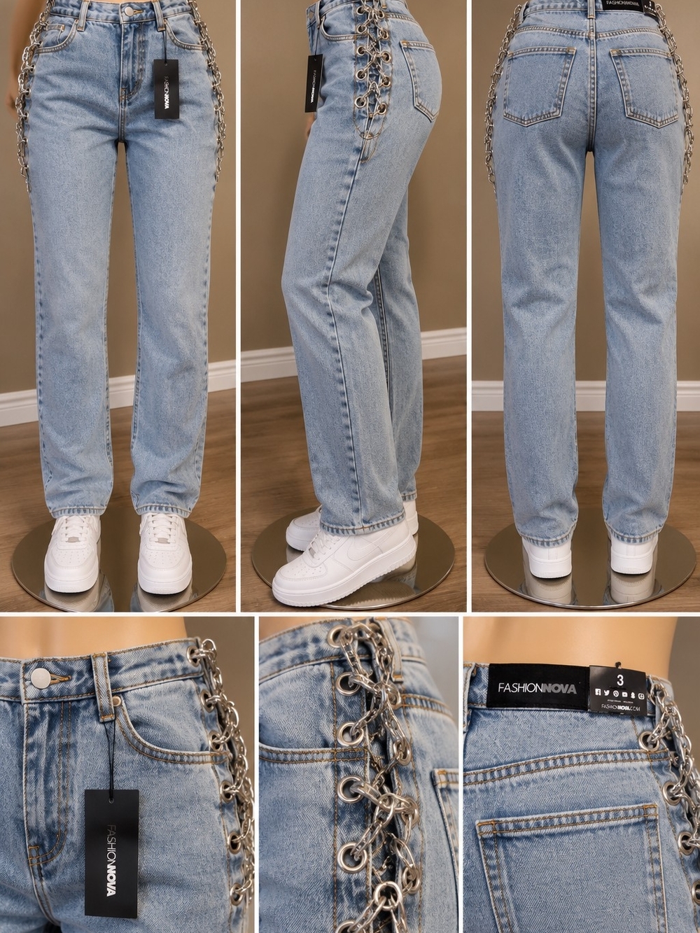 Fashion Nova Light Blue Straight Leg Jeans with Chain Lace-Up Detail